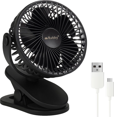 Bezprzewodowy wentylator biurkowy z klipsem Ruhhy, czarny, USB‑C 1200 mAh
