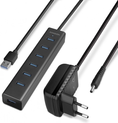 Hub USB 3.2 Gen 1 AXAGON z 7 portami i ładowaniem, aluminiowy, z zasilaczem