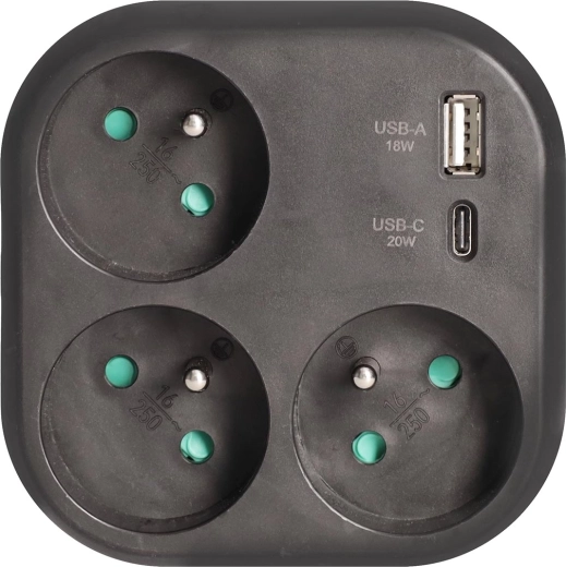 Solight rozgałęźnik z 3 gniazdami i szybką ładowarką USB-A/USB-C 20 W PD, czarny