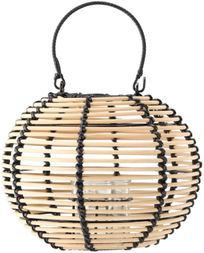 Rattanowy lampion z naturalnego drewna z czarnym uchwytem 25 × 20 cm