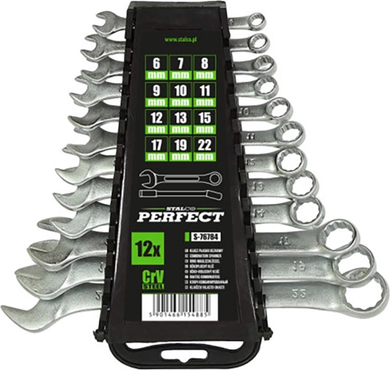 Zestaw kluczy płasko-oczkowych STALCO polerowanych 6–32 mm (12 elementów) z uchwytem