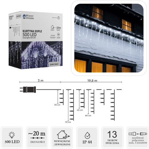 Kurtyna świetlna LED z soplami, 500 LED, zimna biel, 20 m