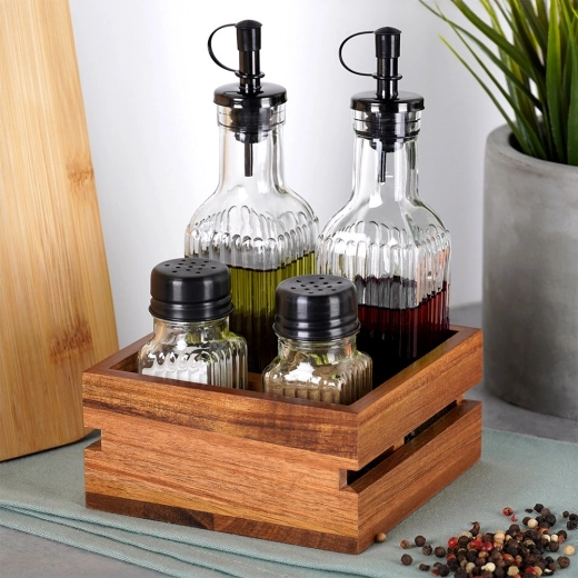 Wytrzymałe rżnięte szkło i solidny drewniany stojak