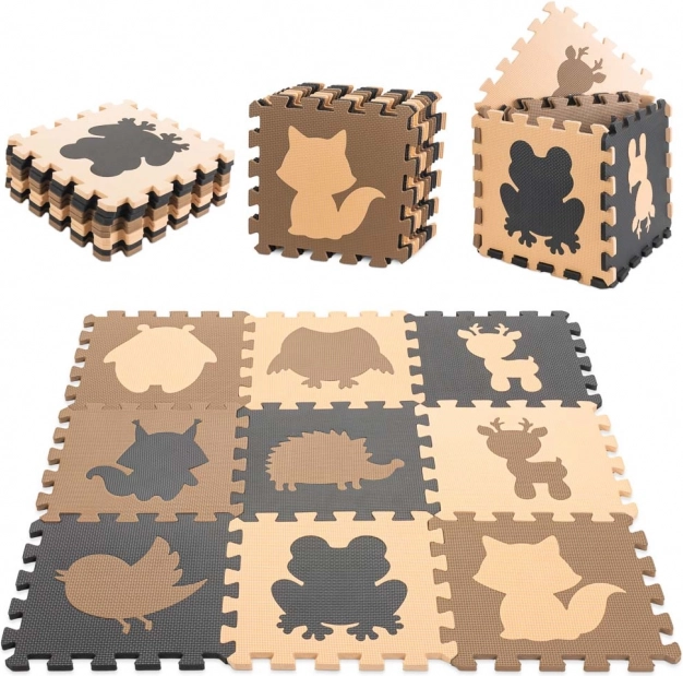 Edukacyjna piankowa mata puzzle ze zwierzątkami, beżowa, 85 × 85 cm, 9 elementów