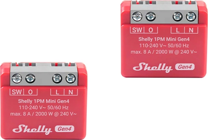 Shelly 1PM Mini Gen4 – zestaw 2 szt. inteligentnych przekaźników z pomiarem zużycia energii (Wi‑Fi/Zigbee/Bluetooth, Matter)