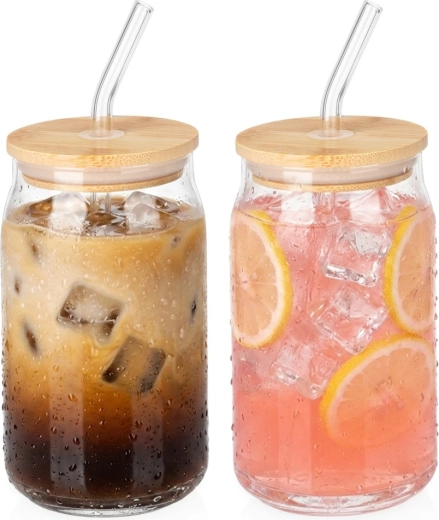Szklane kubki Vilde z bambusową pokrywką i szklaną słomką 460 ml, 2 szt.