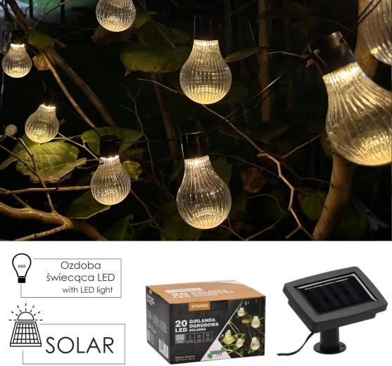 Solarny girland ogrodowy Stripes 20 LED, ciepła biel, 5,8 m