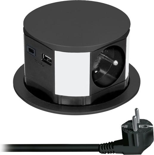 Solight wysuwany moduł gniazd z 3 gniazdami i ładowaniem USB, czarny