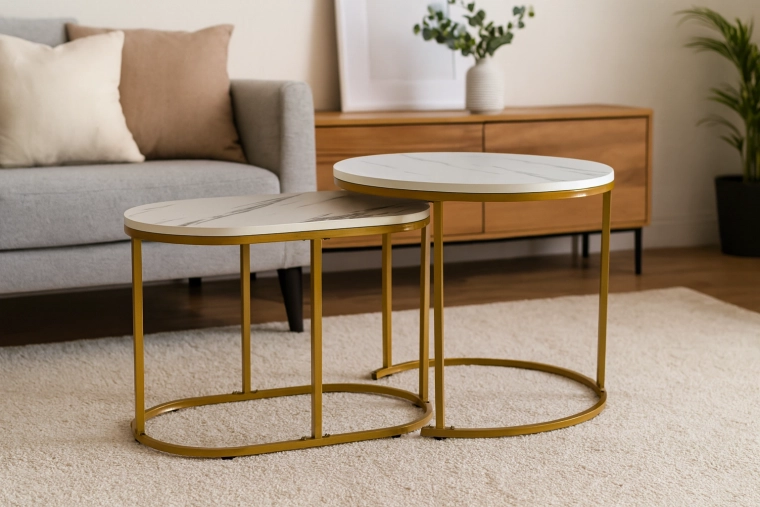 Zestaw dwóch stolików kawowych efekt marmuru okrągły i owalny, złoty metal