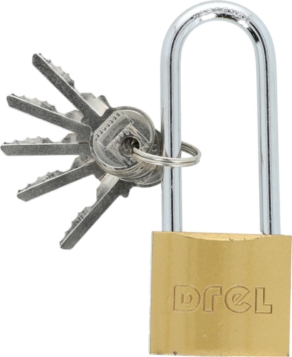 Kłódka 40 mm z wydłużonym pałąkiem, mosiądz, 5 kluczy