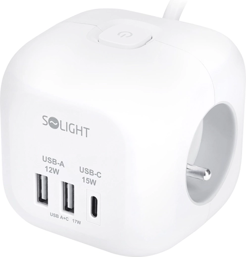 Przedłużacz Solight w kształcie kostki, 3 gniazda + USB-A i USB-C, kabel 2 m, biały