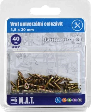 Uniwersalny wkręt z pełnym gwintem 3,5 × 20 mm, ocynk (40 szt.)
