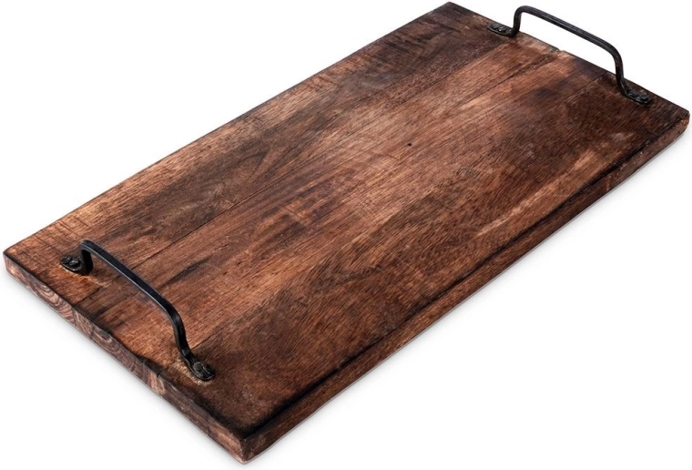 Drewniana taca do serwowania z metalowymi uchwytami 40,5 × 21,5 cm