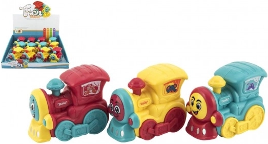 Plastowa lokomotywka na napęd bezwładnościowy 8 cm dla najmłodszych – 3 kolory