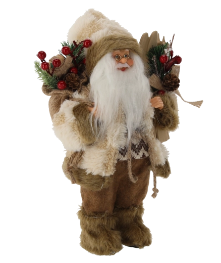 Stojący beżowy Święty Mikołaj z nartami, 30 cm
