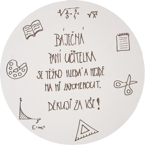 Drewniana podstawka z napisem „Nauczycielka”, średnica 10 cm
