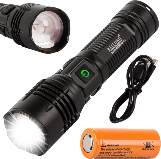 Taktyczna latarka Bailong LED z funkcją zoom