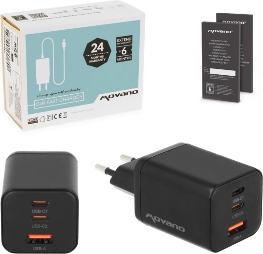 Ładowarka sieciowa Movano GaN 65 W 2× USB-C PD + USB-A, czarna
