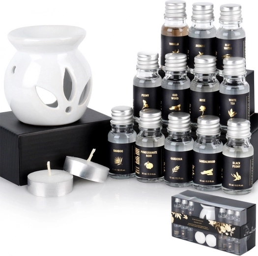 Zestaw prezentowy do aromaterapii z ceramiczną lampą zapachową i 12 olejkami