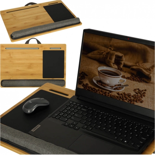 drewniany przenośny stolik na kolana z poduszką do laptopa