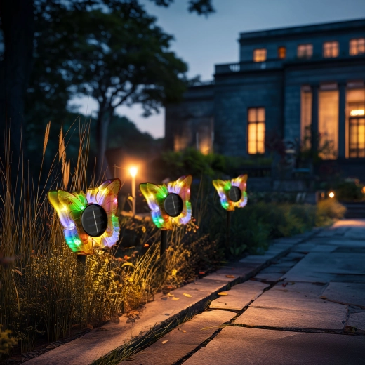 Żółta solarna lampa ogrodowa wbijana w ziemię w kształcie motyla z diodami LED