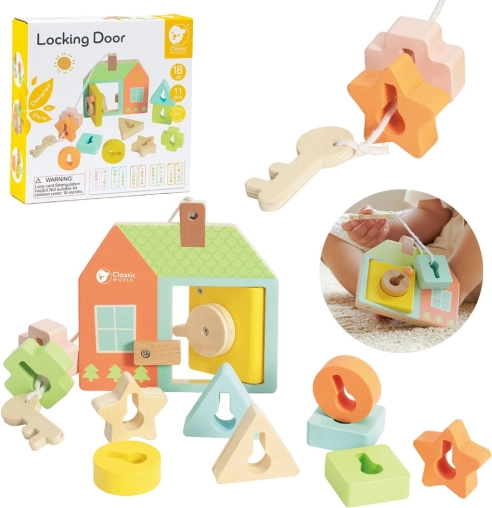 Classic World Montessori drewniane nawlekanie klucze i drzwi 11 szt.