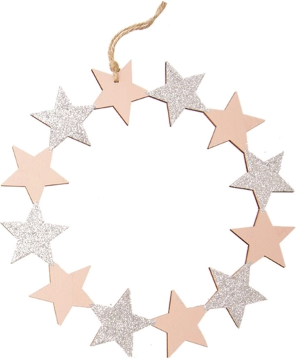 Zawieszany drewniany wianek z gwiazdkami, różowy 23 cm