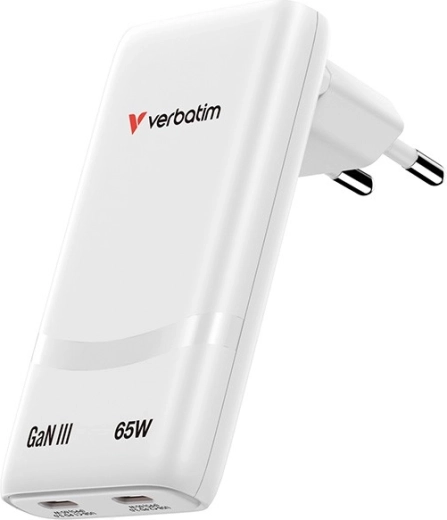 Verbatim Fold n Go GaN ładowarka 65 W, 2× USB‑C (PD 3.0, PPS), biała