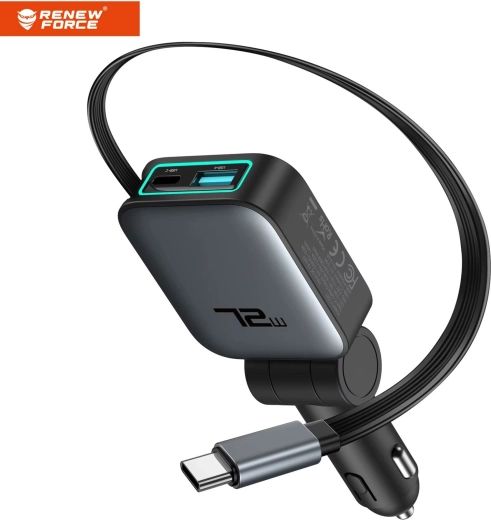 Ładowarka samochodowa Renew Force 3w1 72 W z wysuwanym kablem USB-C (75 cm) - 1 sztuka