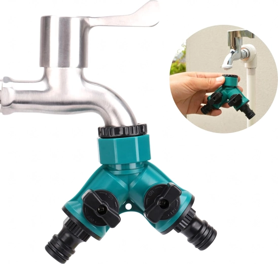 Rozdzielacz Y na kran, 2‑drogowy 1/2" i 3/4" do węży ogrodowych z zaworami odcinającymi