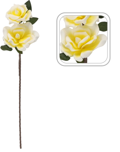 Dekoracyjna sztuczna róża z 2 kwiatami 72 cm żółta