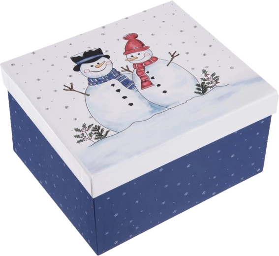 Prezentowe papierowe pudełko ze śniegułkami, niebieskie 21 × 18,5 × 11,5 cm