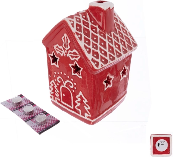 Ceramiczny świąteczny domek z oświetleniem LED czerwony 12 cm