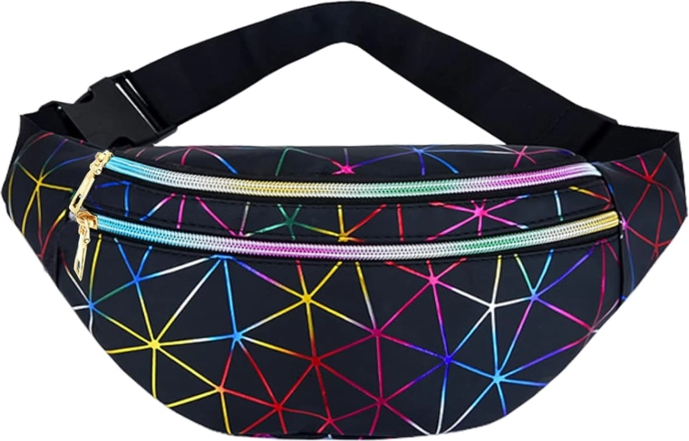 Uniseks nerka z holograficznym geometrycznym wzorem, 3 kieszenie, regulowany pasek