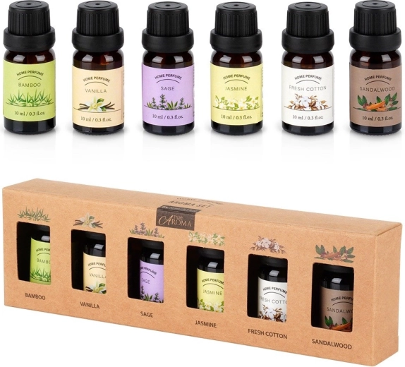 Zestaw prezentowy olejków eterycznych 6×10 ml – bambus, wanilia, szałwia, jaśmin, fresh cotton, drzewo sandałowe