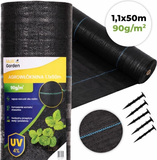 Tekstylia przeciw chwastom odporna na UV 90 g/m², 1,1 × 50 m z kołkami, MultiGarden