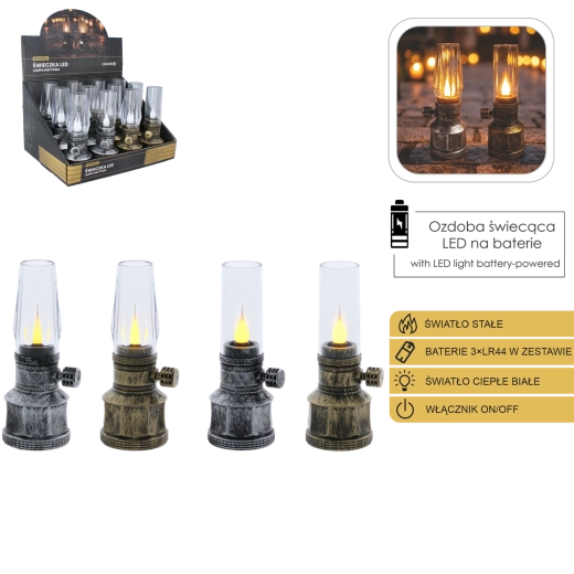 Świeczka LED imitacja lampy naftowej 14 cm, mix kolorów