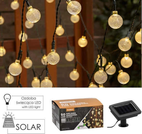 Solarny ogrodowy łańcuch świetlny Bubble 50 LED ciepła biel 9,35 m