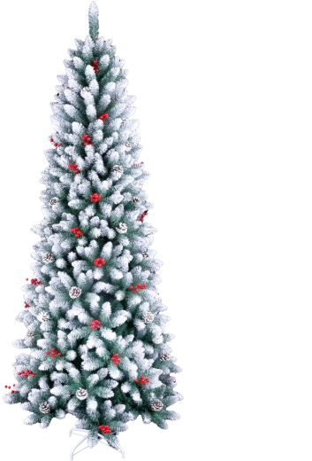 Sztuczna choinka świąteczna 210 cm, ośnieżona, z jarzębiną, szyszkami i oświetleniem LED