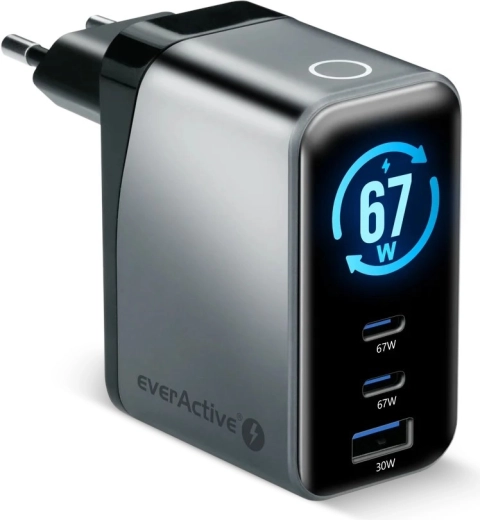EverActive ładowarka GaN 67 W z LCD (2× USB-C + USB-A)