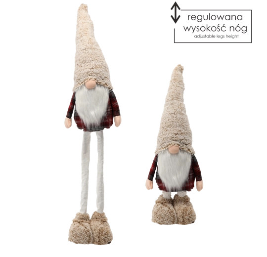 Świąteczny skrzat gnome z regulowanymi nogami beżowo-czerwony - 1 sztuka