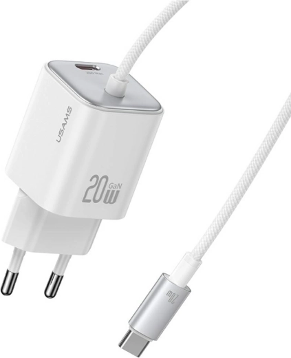 USAMS seria JC mini ładowarka GaN 20 W 2× USB-C ze zintegrowanym kablem USB-C biała
