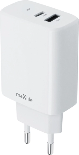 Ładowarka sieciowa MAXLIFE 30 W z USB‑C PD i USB‑A QC, biała