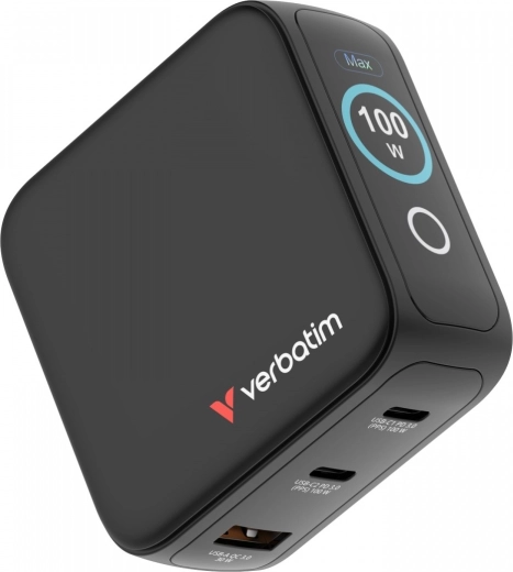 Verbatim mini ładowarka GaN 100 W z inteligentnym wyświetlaczem TFT, 2× USB-C + USB-A, adaptery EU/UK/USA