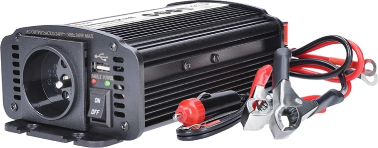 Solight przetwornica napięcia (inwerter) 12 V na 230 V, 300 W, USB, metalowa, czarna