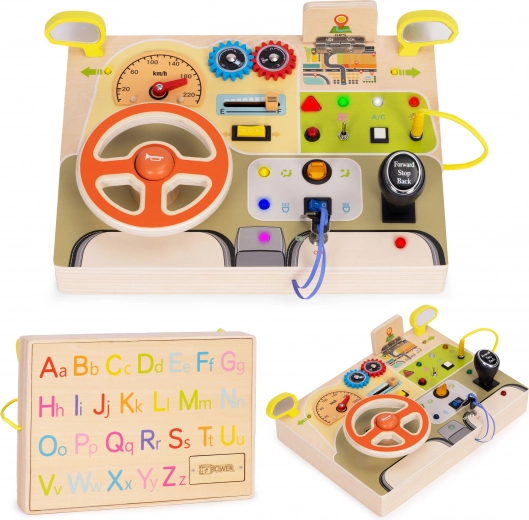Drewniana LED sensoryczna busy board z kierownicą dla dzieci 14 elementów ECOTOYS
