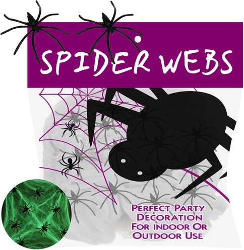 Fluorescencyjna halloweenowa pajęczyna świecąca w ciemności RUHHY z 20 pająkami - 1 sztuka
