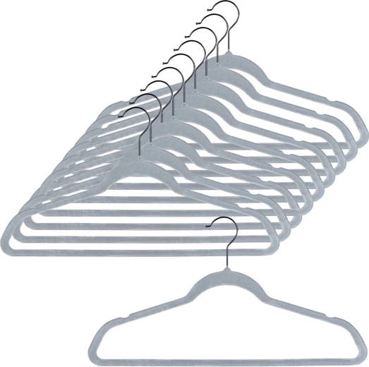 Vilde aksamitne, antypoślizgowe wieszaki na ubrania, szare, obrotowy haczyk, 45 × 24,5 cm, 10 szt.