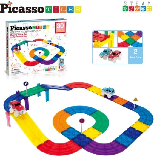 PicassoTiles magnetyczne klocki – tor wyścigowy z autkami (30 szt.)