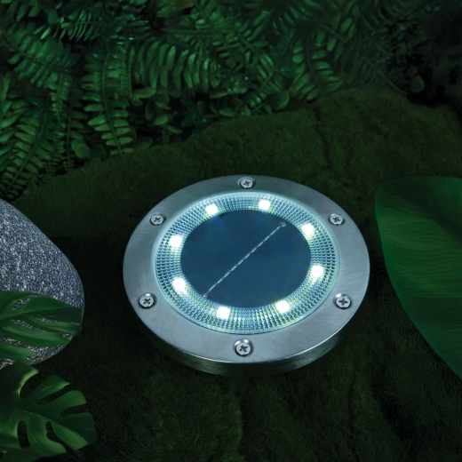 Okrągła solarna lampa LED do wbicia w ziemię lub montażu na ścianie, zimna biel, 12 cm